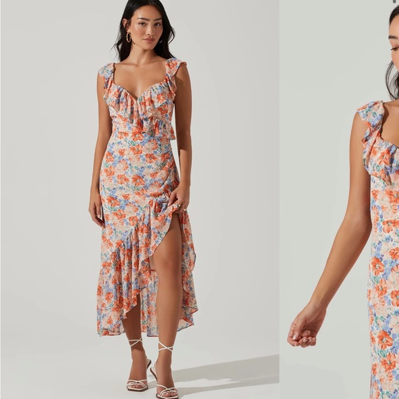 Mahalia Floral Sweetheart Ruffle Midi Dress; Blue orange floral ASTR LABEL - Picture 2 of 6
